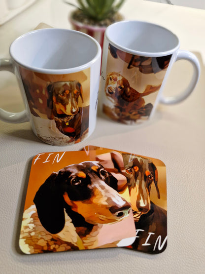 Gepersonaliseerde onderzetter met eigen hondenillustratie op tafel, cadeau voor hondenliefhebbers