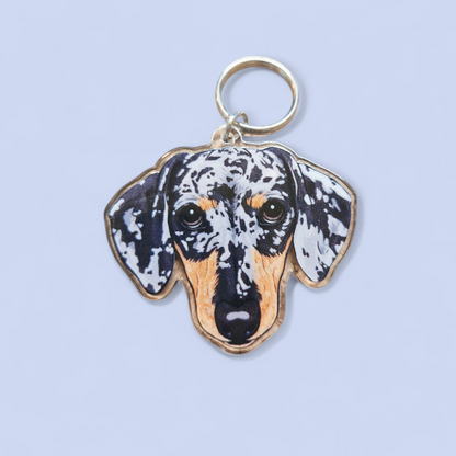 Teckel Kop Sleutelhanger Bruin-Zilver Merle Dapple - Kortharige Teckel Hoofd