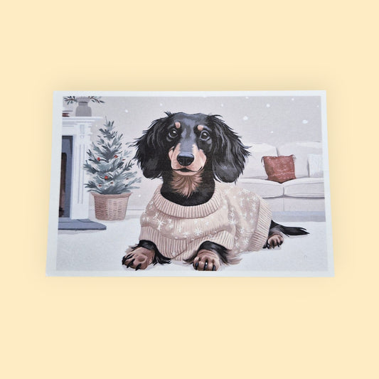 prachtige langharige Black &amp; Tan teckel in een gezellige kerstsetting in de woonkamer