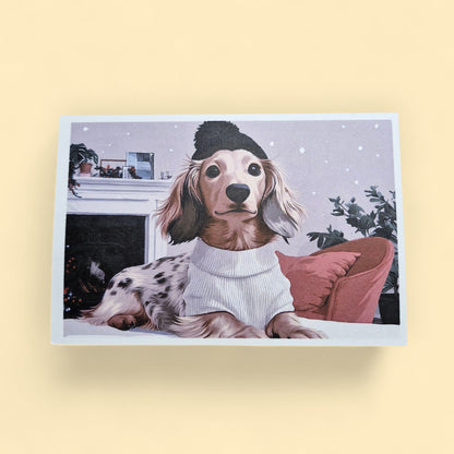 kerstkaart met een langharige merle teckel erop