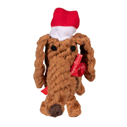 Kerstteckel touwspeeltje Santa Sausage met kerstmuts, vooraanzicht, speelgoed voor honden
