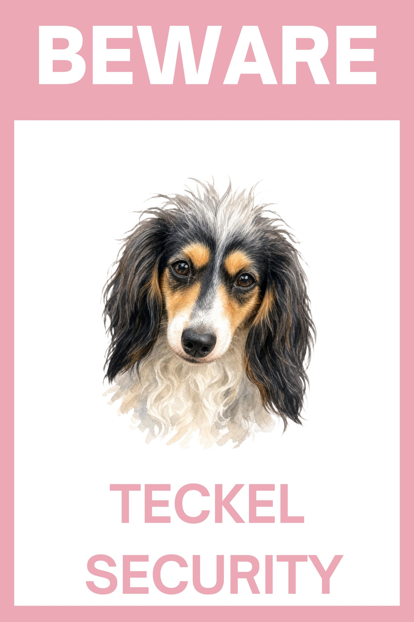 Waakbord piebald teckel black en tan langhaar - bordkleur roze