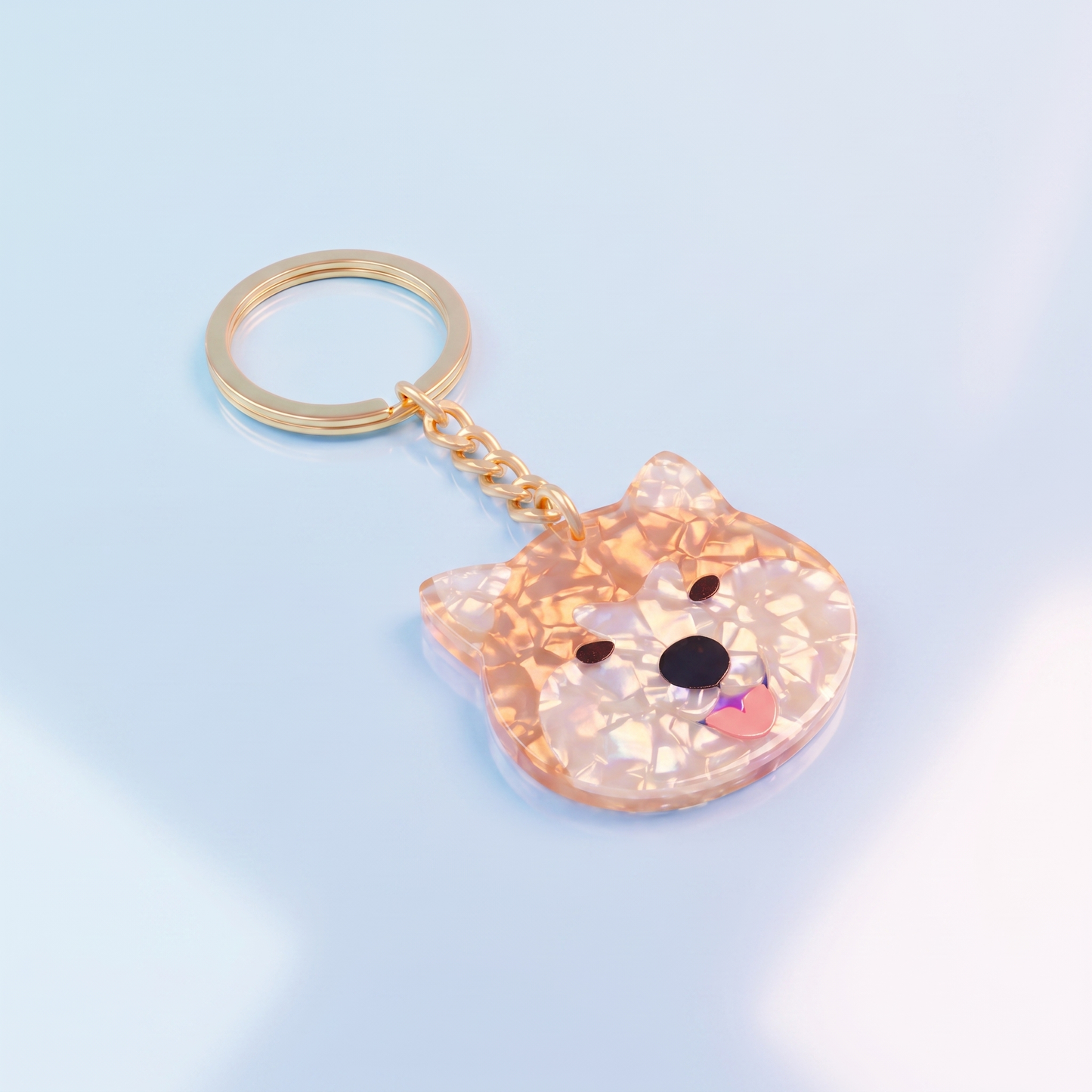 Acryl sleutelhanger Shiba Inu – holografisch effect & stainless steel ring