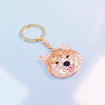 Acryl sleutelhanger Shiba Inu – holografisch effect & stainless steel ring