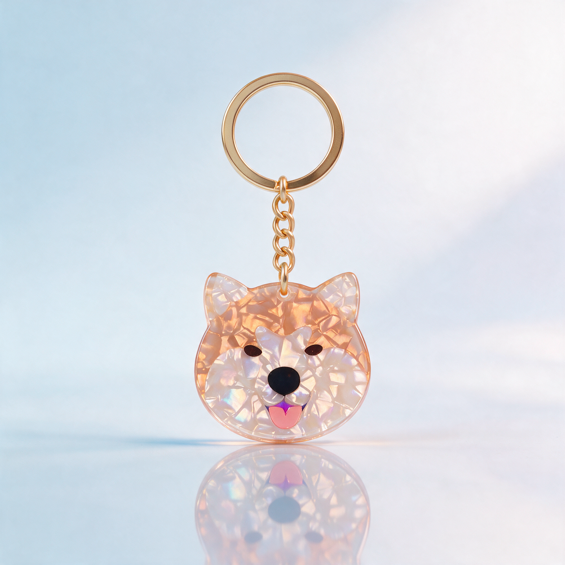 Acryl sleutelhanger Shiba Inu – holografisch effect & stainless steel ring