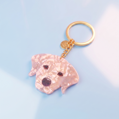 Acryl sleutelhanger blonde Labrador – holografisch effect & stainless steel ring