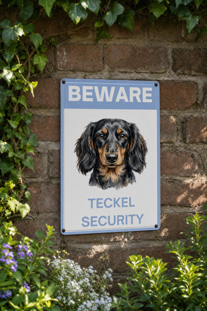 Grappig aluminium bordje Warning Teckel Security 20x30cm - langharige black and tan teckel - tuinbordje dachshund