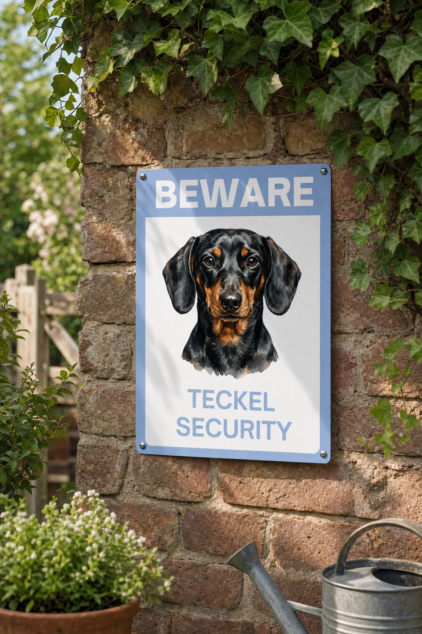 Grappig aluminium bordje Warning Teckel Security 20x30cm - korthaar black and tan teckel - cadeau dachshund lover