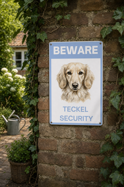 Grappig aluminium bordje Warning Teckel Security 20x30cm - langharige blonde teckel - gepersonaliseerd bordje
