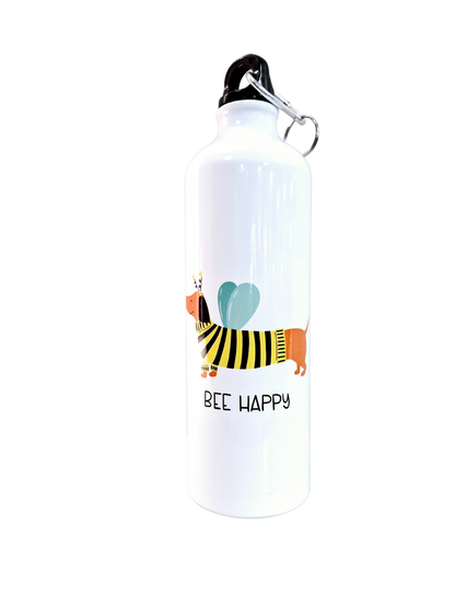 Waterfles met teckel met een bijenpakje, tekst Bee Happy