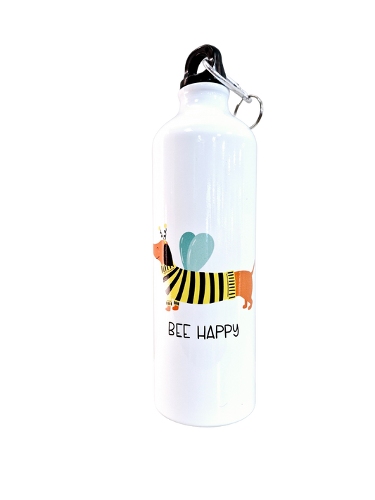 Waterfles met teckel met een bijenpakje, tekst Bee Happy