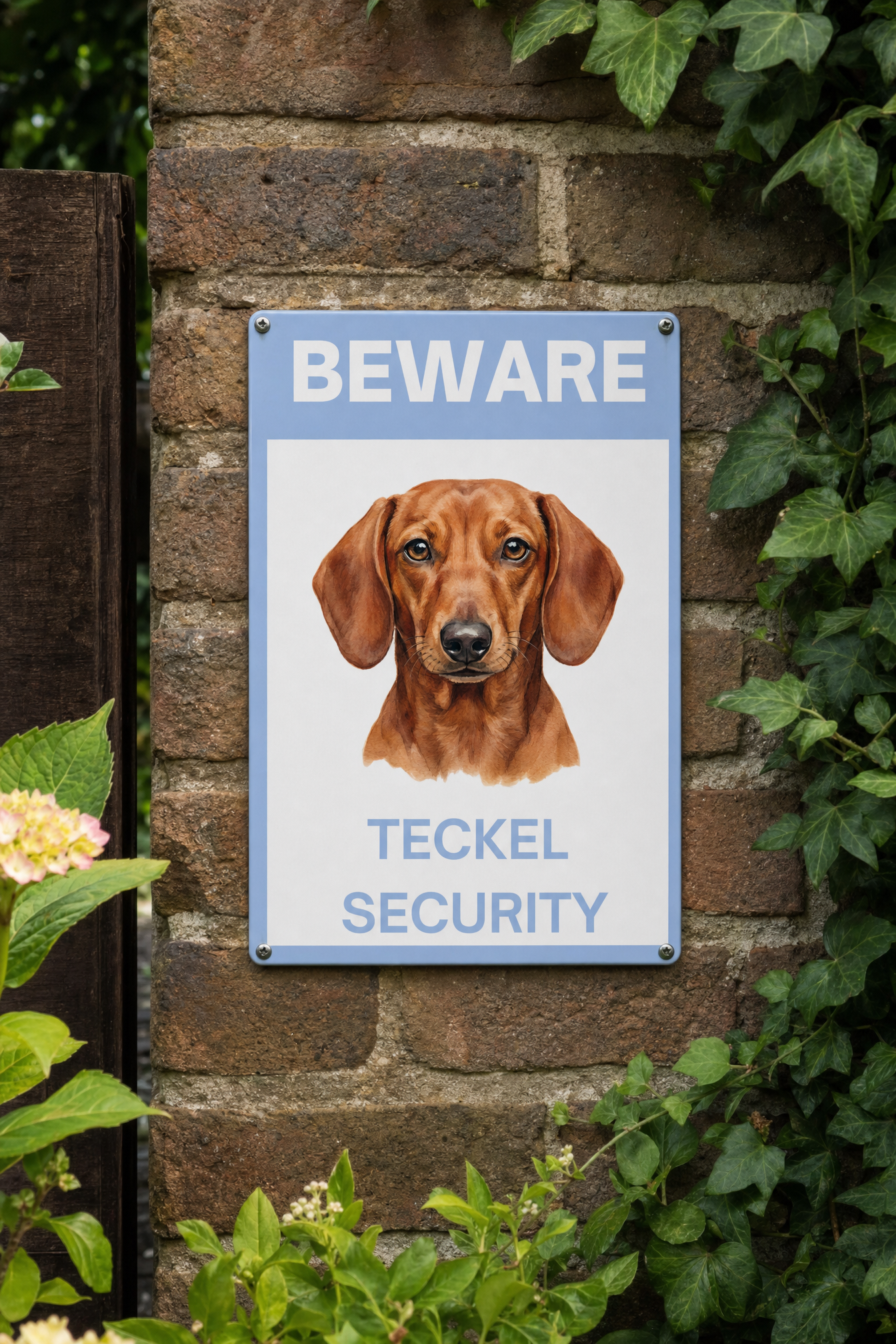 Grappig aluminium bordje Warning Teckel Security 20x30cm - korthaar chocolade teckel - grappig cadeau hondenbezitter