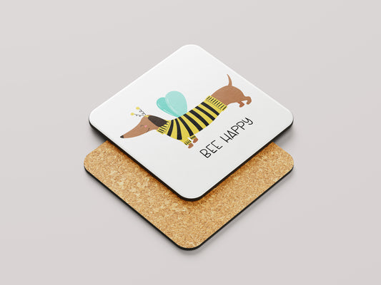 Onderzetter coaster bee happy teckel met bij kostuum