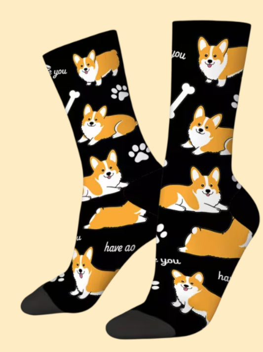Corgi Sokken Zwart - All-Over Print (Maat 36-38)
