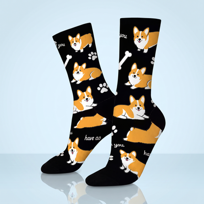 Corgi Sokken Zwart - All-Over Print (Maat 36-38)