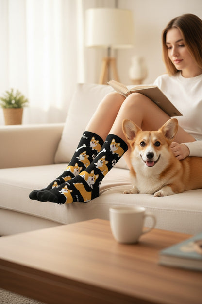 Corgi Sokken Zwart - All-Over Print (Maat 36-38)