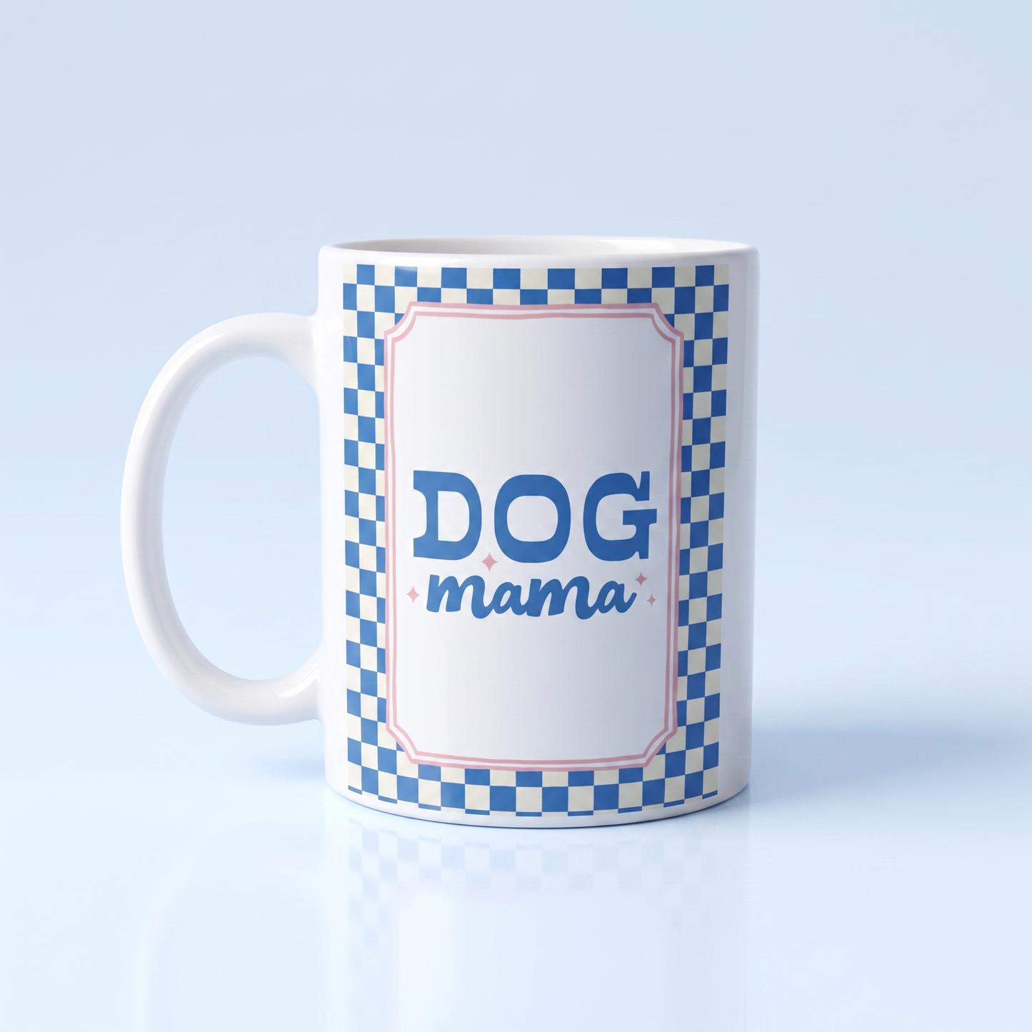 Dog Mama Mok 11oz – Blauw & Roze Ruitjes