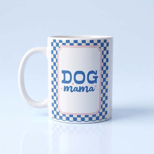 Dog Mama Mok 11oz – Blauw & Roze Ruitjes
