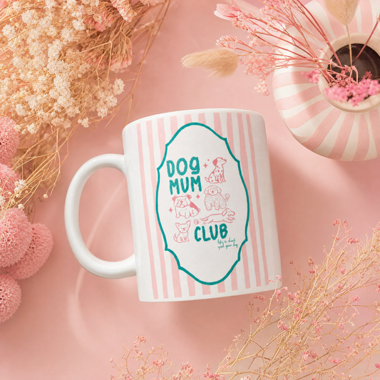 Dog Mum Club keramische mok 11oz – roze strepen, groene whimsical kader met roze hondjes – cadeau hondenmama