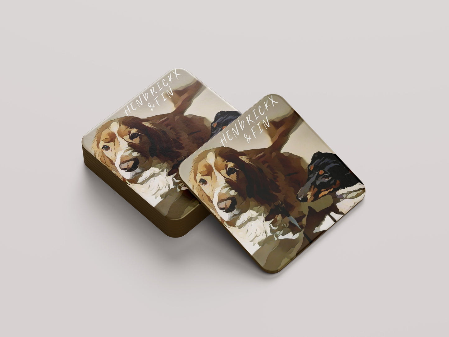 Gepersonaliseerde onderzetter met eigen hondenillustratie, close-up van print op MDF