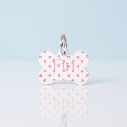Gepersonaliseerde hondenpenning met roze stippen, MDF naamplaatje voor hond of kat
