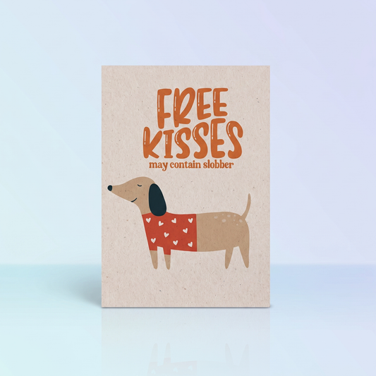 Grappige Valentijnskaart 'Free Kisses (May Contain Slobber)' Voor Hondenliefhebbers en Dachshund/Teckelfans
