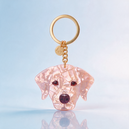 Acryl sleutelhanger blonde Labrador – holografisch effect & stainless steel ring