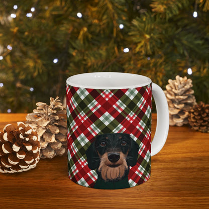 Ruwhaar Teckel Mok Geruite Achtergrond - Wire Haired Dachshund Keramische Mok 11oz