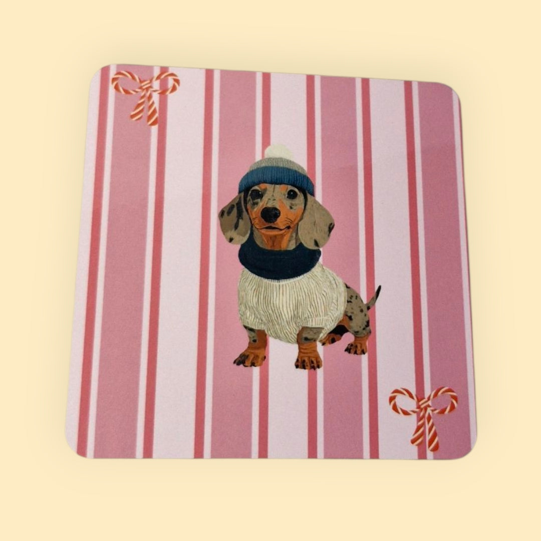 Kerst Onderzetter Roze Gestreept - Merle Teckel en met Strikjes