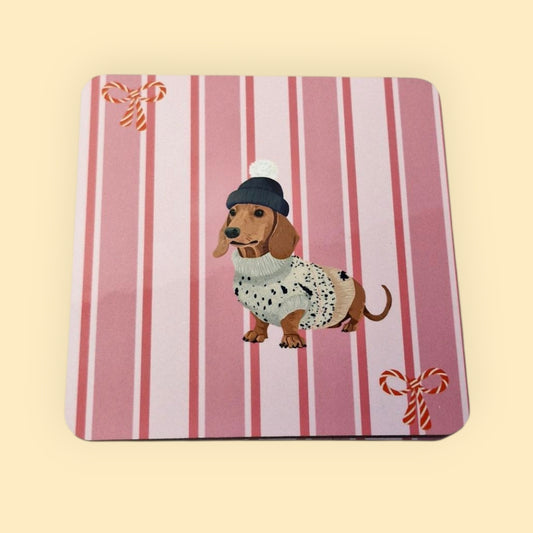Kerst Onderzetter Roze Gestreept  met strikjes - Buddy Bruine Kortharige Teckel