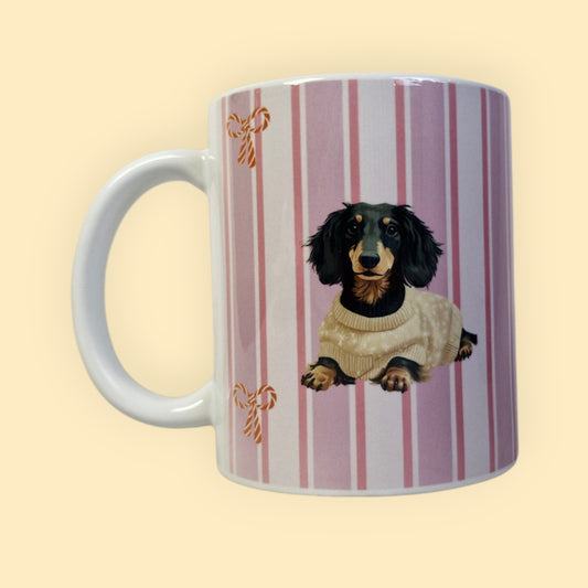 Kerstmok Roze Gestreept met Strikjes - Teckel met Kersttrui 11oz