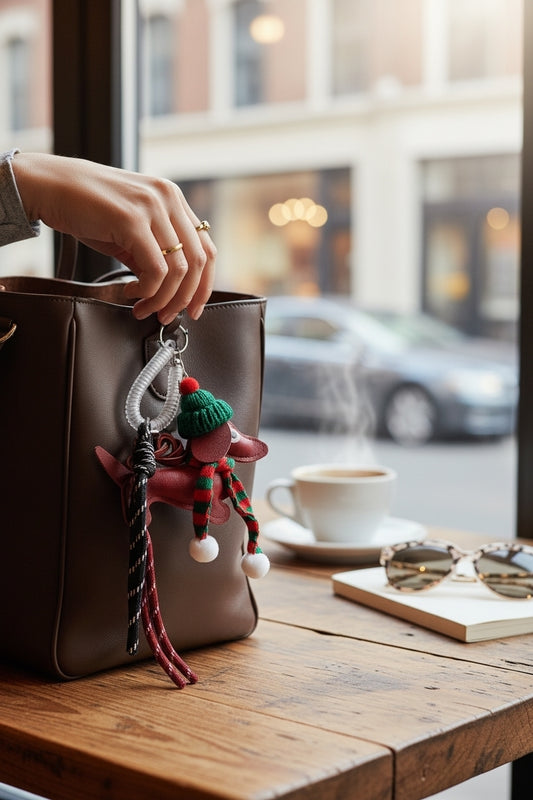 Kerstsleutel hanger burgundy teckel voor gsm of handtas met kerstmuts en kerstsjaal