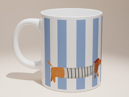 La Saucisse Parisienne Teckel Mok - Lichtblauwe Strepen Design