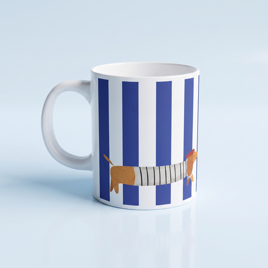La Saucisse Parisienne Teckel Mok - Donkerblauwe Strepen Design
