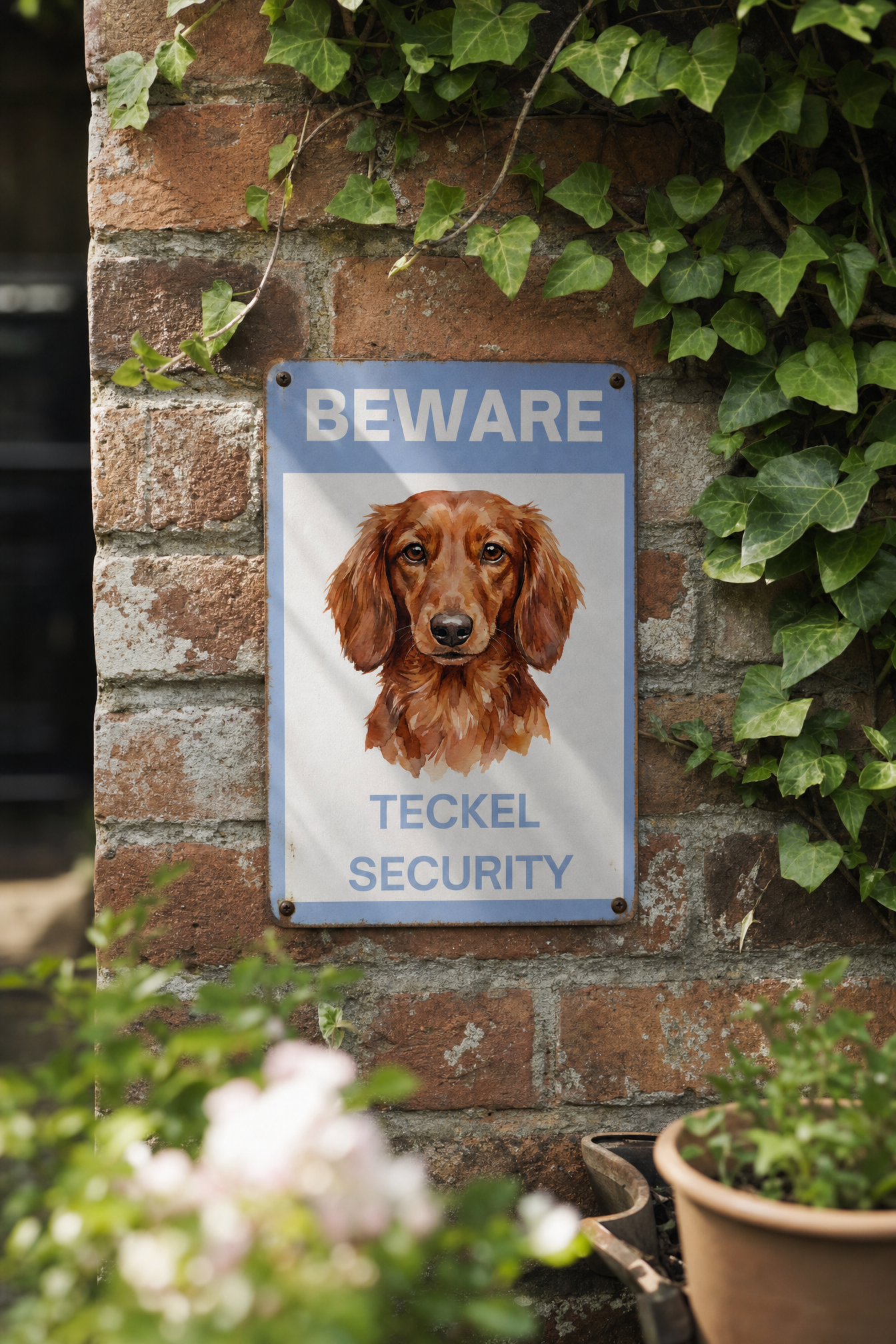 Grappig aluminium bordje Warning Teckel Security 20x30cm - langharige rode teckel - cadeau dog mom dog dad