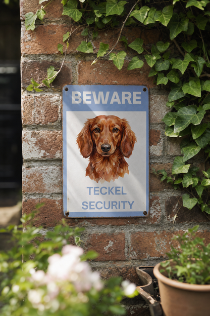 Grappig aluminium bordje Warning Teckel Security 20x30cm - langharige rode teckel - cadeau dog mom dog dad