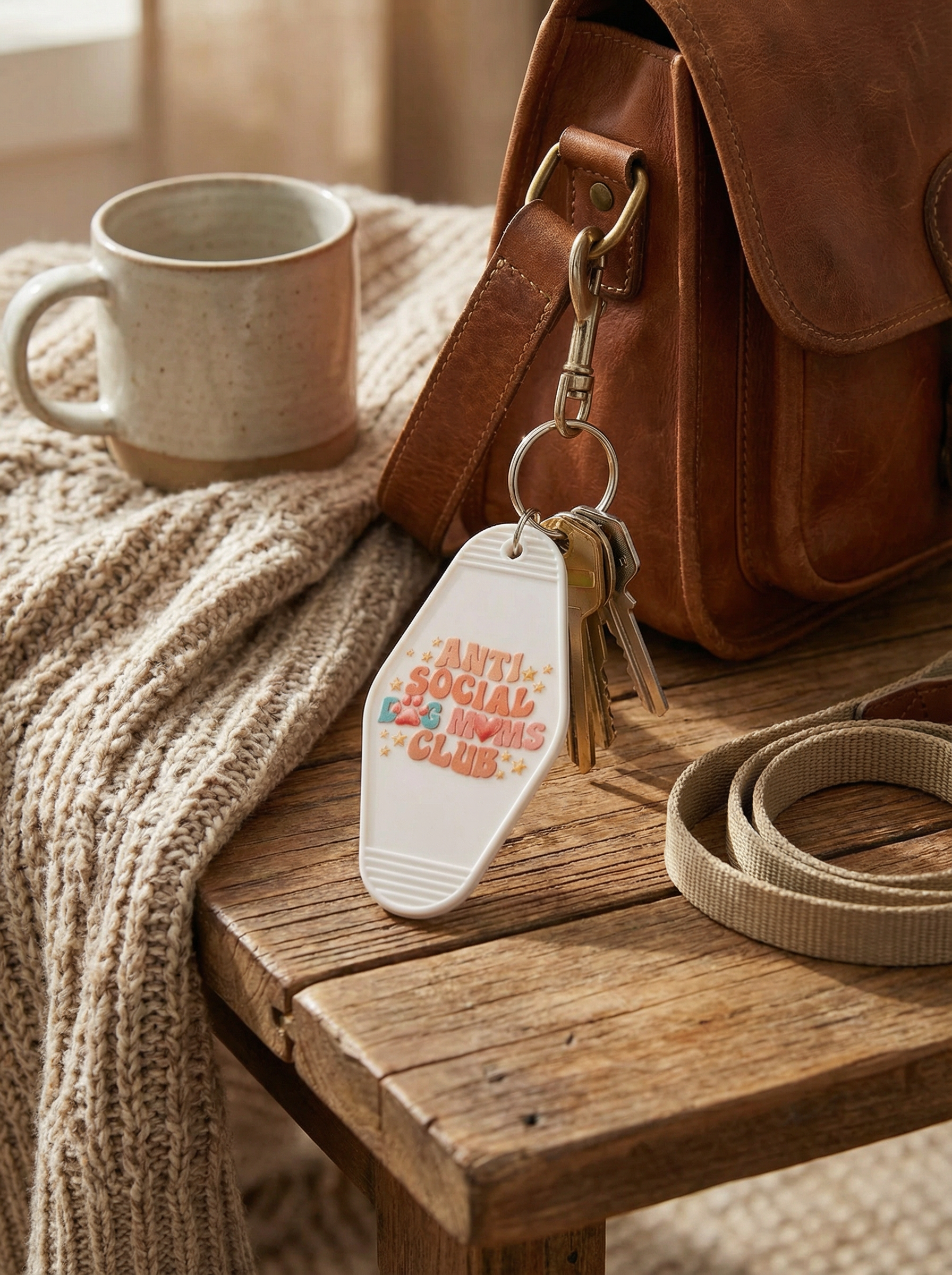 sleutelhanger motel keychain met de tekst anti social dog moms club