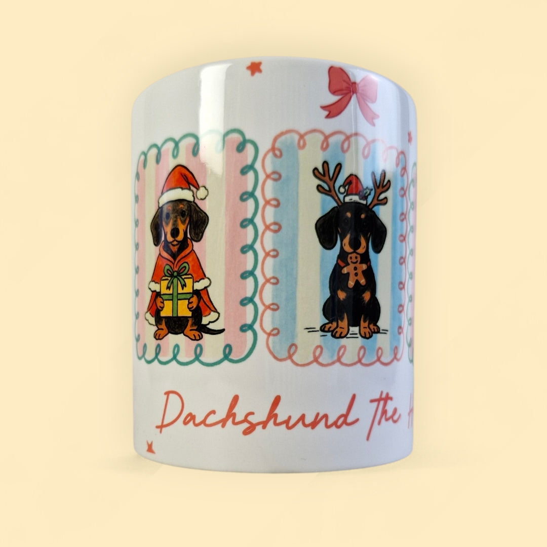 mok met 3 teckels in pastelkleuren en de tektst Dachshund the halls