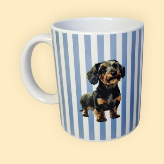 Mok Lichtblauw Gestreept - Ruwharige Black & Tan Teckel 11oz vooraanzicht