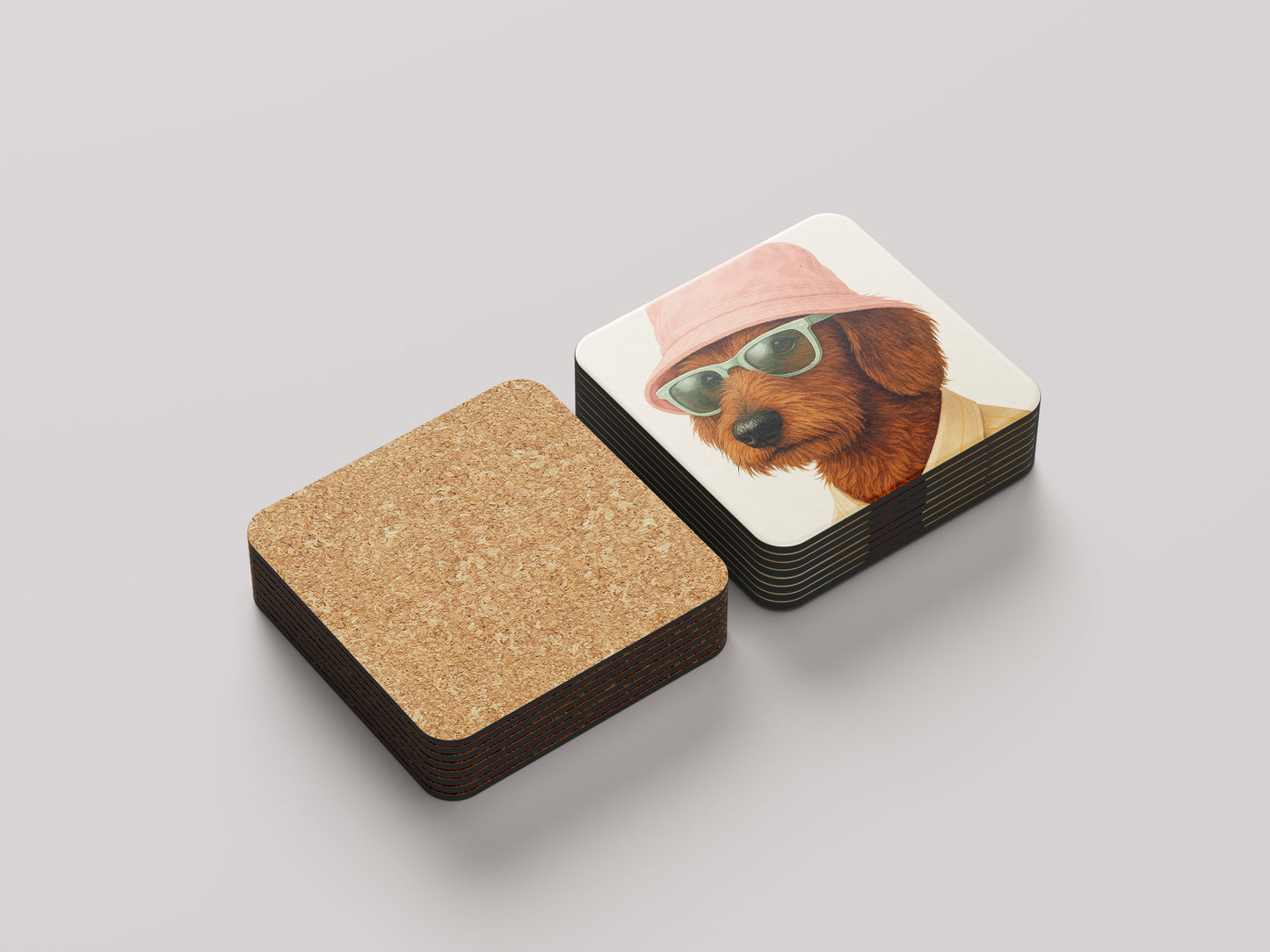 Ruwhaar chocolate bruine teckel onderzetter met roze bucket hat - kurk achterkant 9.5cm - cadeau teckelliefhebber
