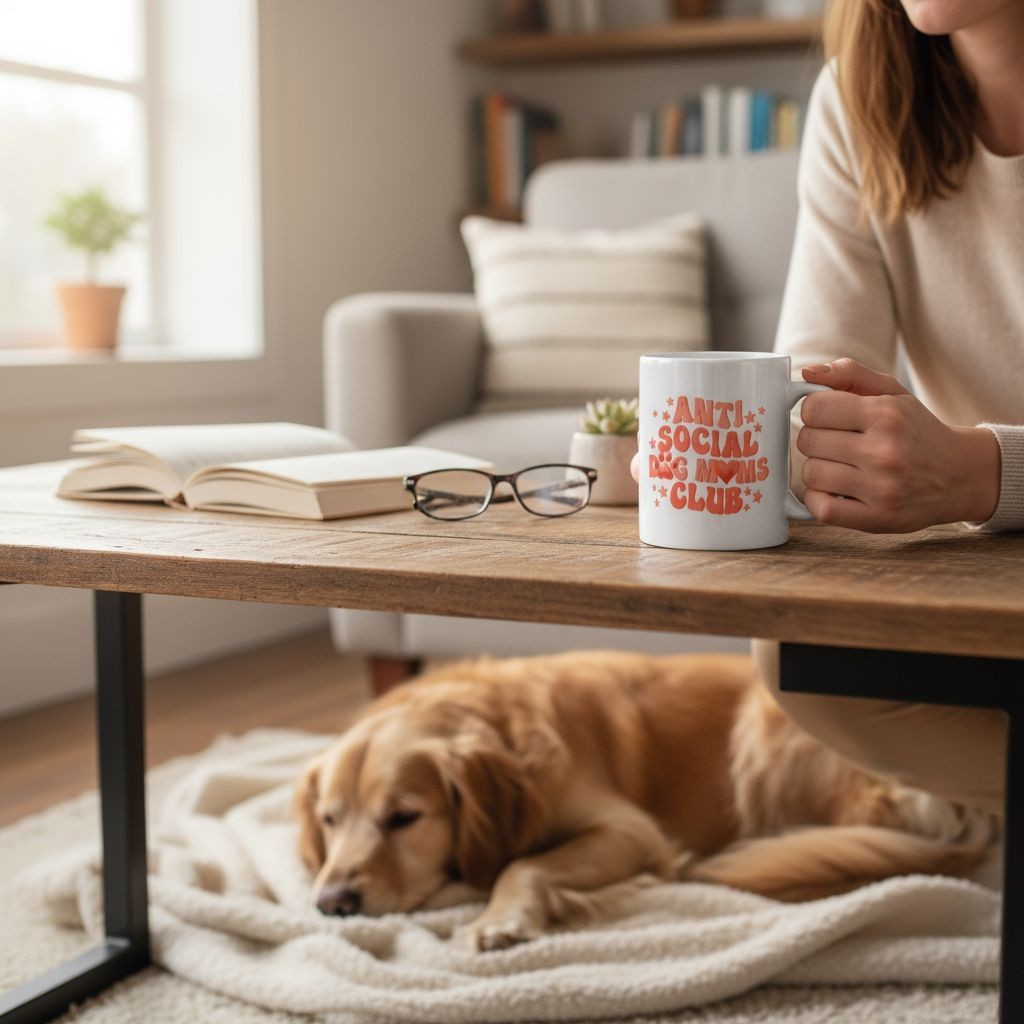 mok met de tekst anti social dog moms club in een woonkamer setting