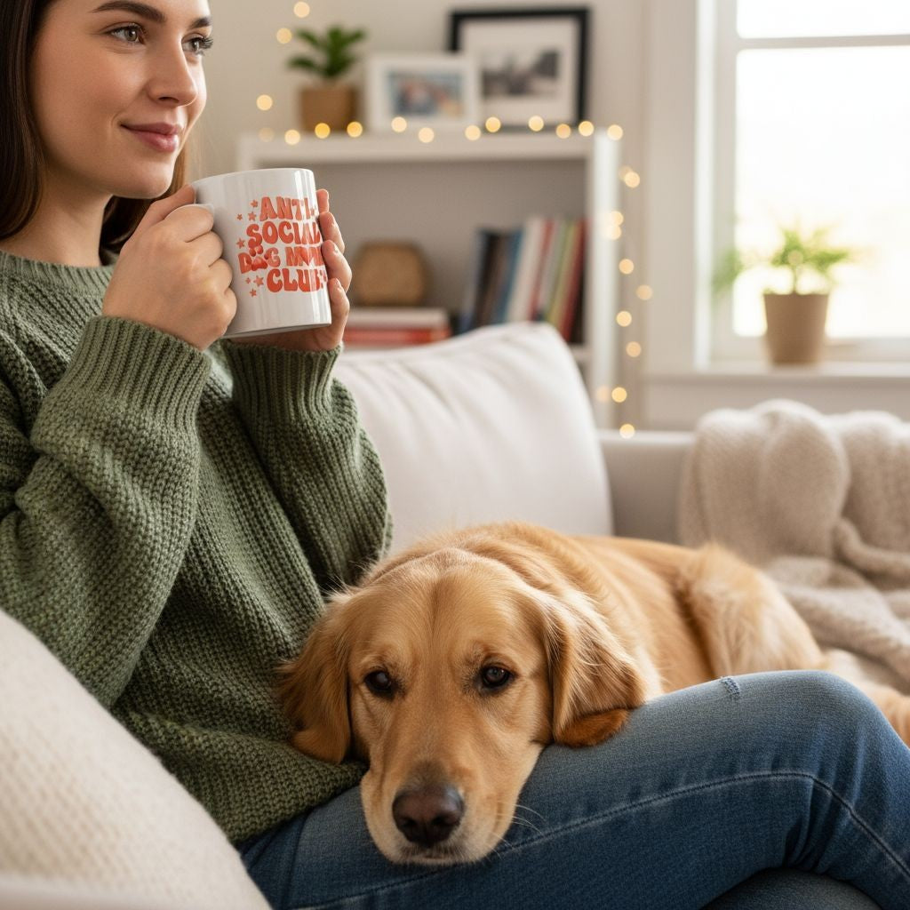 mok met de tekst anti social dog moms club een dame heeft deze vast, zit in een zetel met een labrador op haar schoot