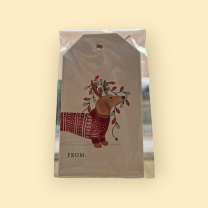 zakje met 10 gift labels met een teckel met rode kersttrui aan