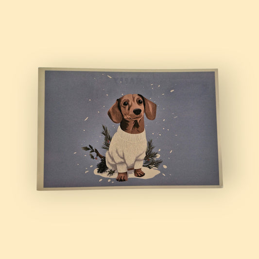 kerstkaart met kortharige chocolade teckel