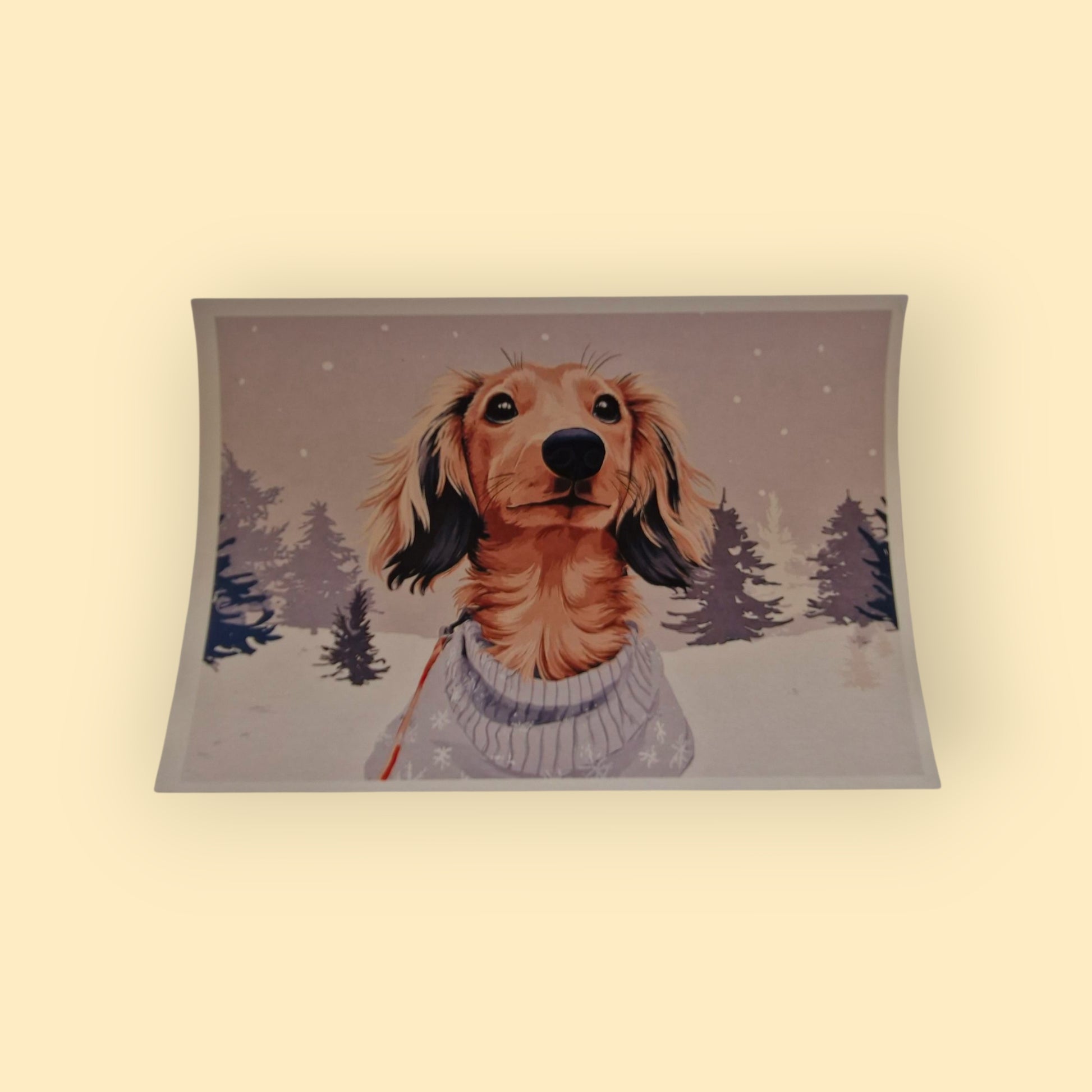 kerstkaart met blonde langharige teckel