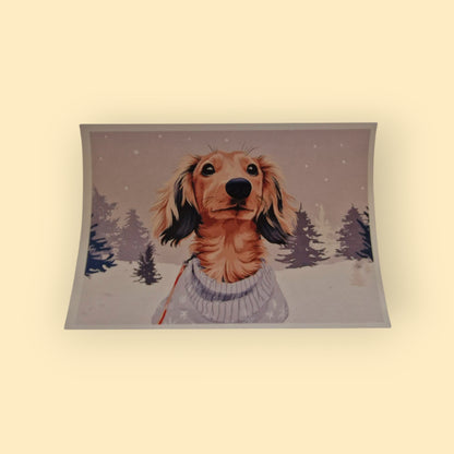 kerstkaart met blonde langharige teckel