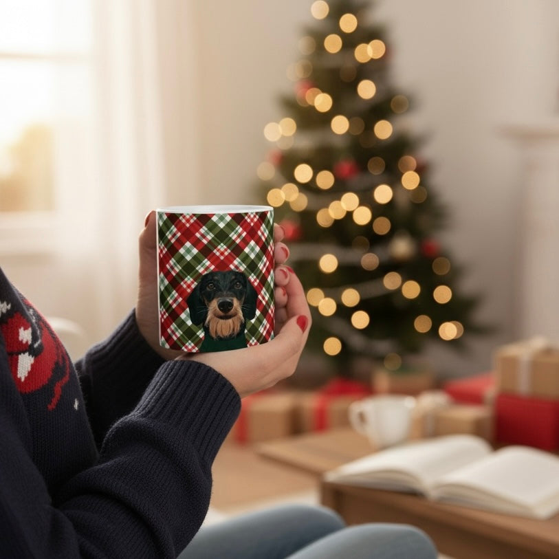 Ruwhaar Teckel Mok Geruite Achtergrond - Wire Haired Dachshund Keramische Mok 11oz