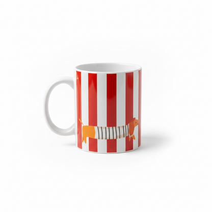 Keramische mok met teckel in Parijse stijl met burgundy strepen - 325ml cadeau hondenliefhebbers
