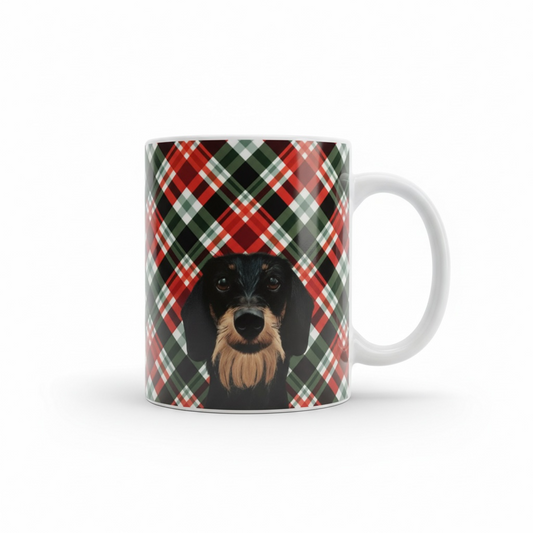 Ruwhaar Teckel Mok Geruite Achtergrond - Wire Haired Dachshund Keramische Mok 11oz