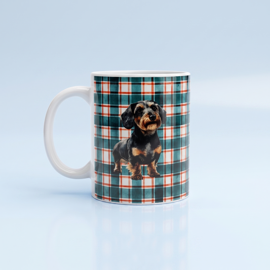 Ruwhaar Teckel Mok Geruite Achtergrond - Keramische Mok 11oz